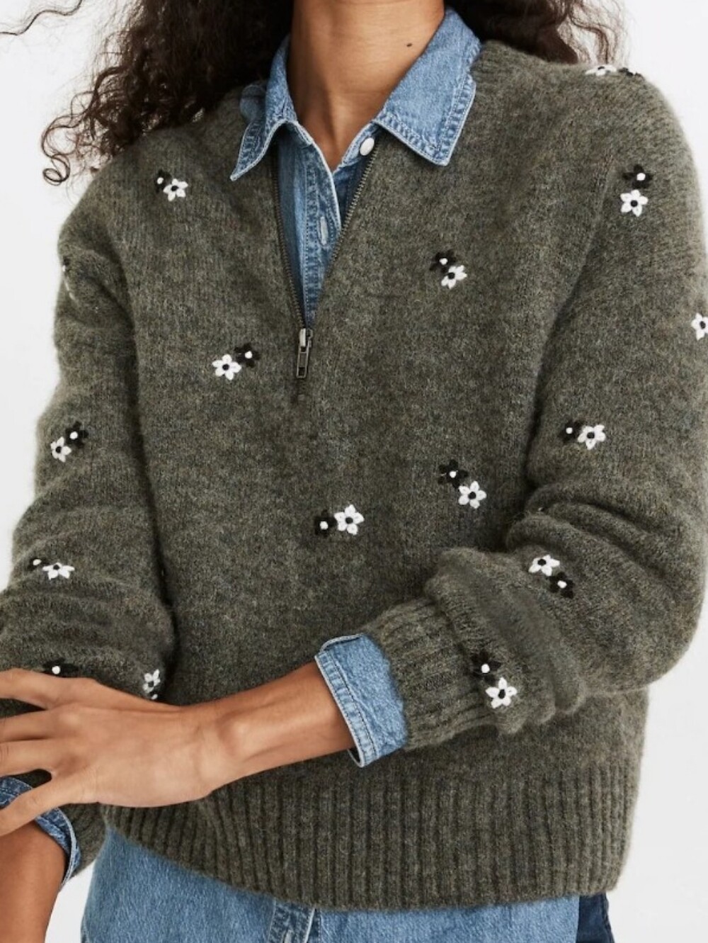 Madewell Embroidered Enfield Half-Zip Sweater Gray Floral Daisy Like New